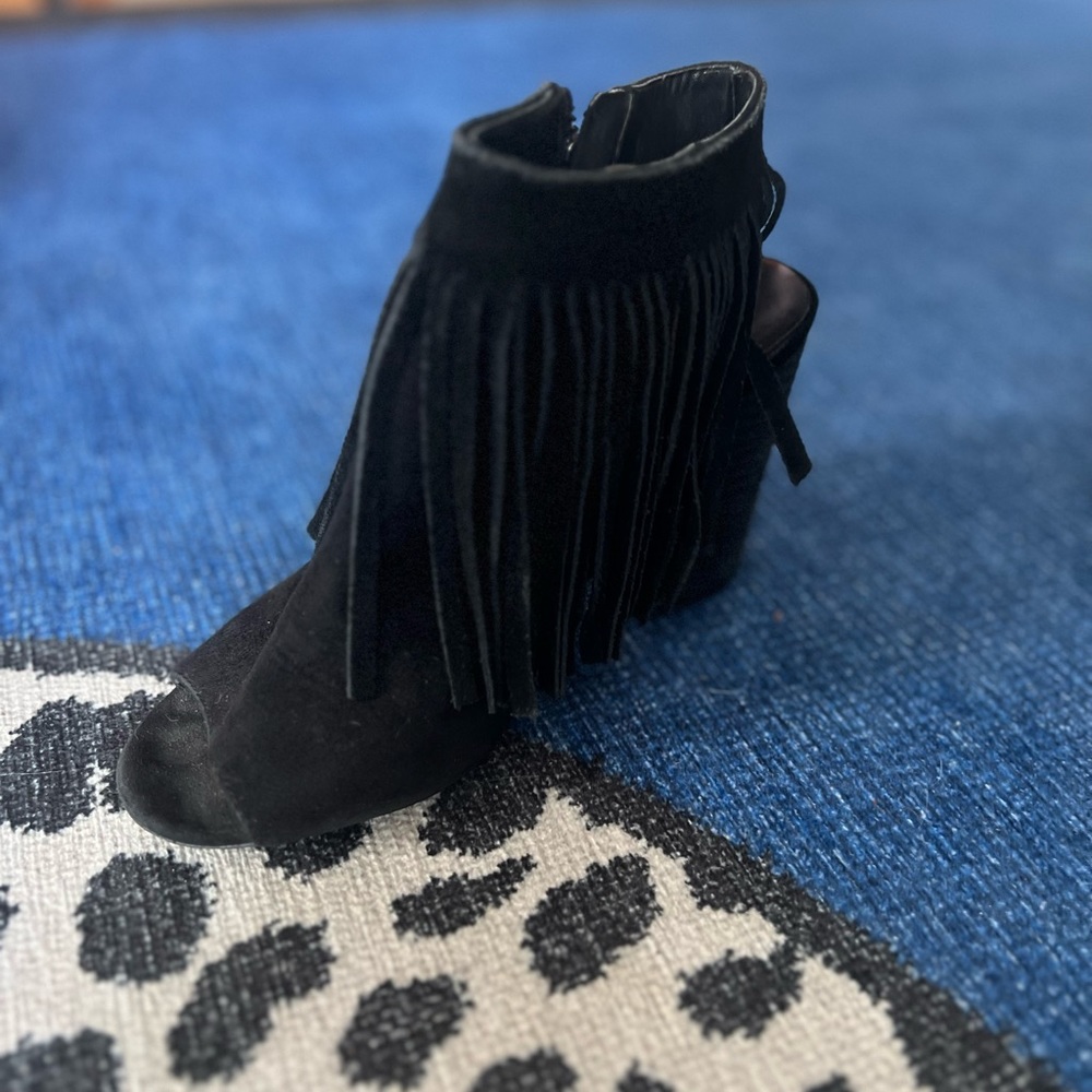 Black Suede Open-Toe Fringe Bootie